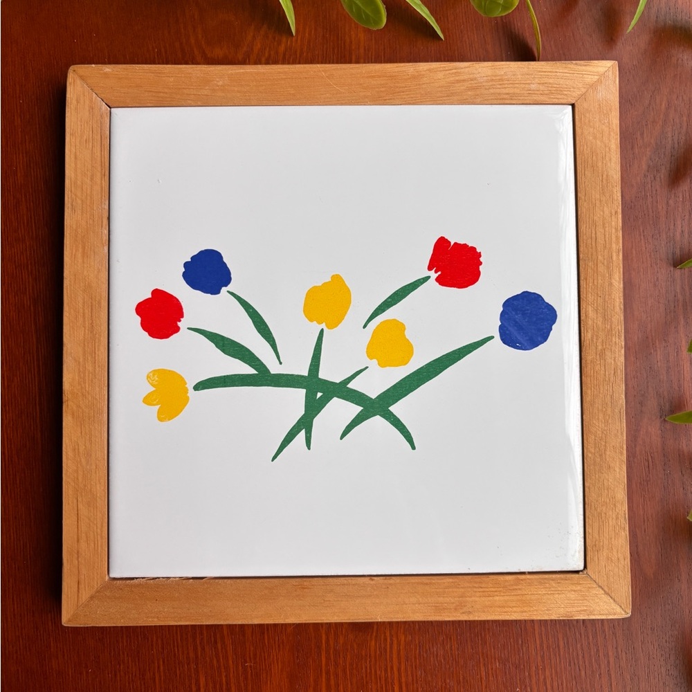Marimekko Ceramic Tile Trivet with Wooden Frame Bold Tulips  Vintage